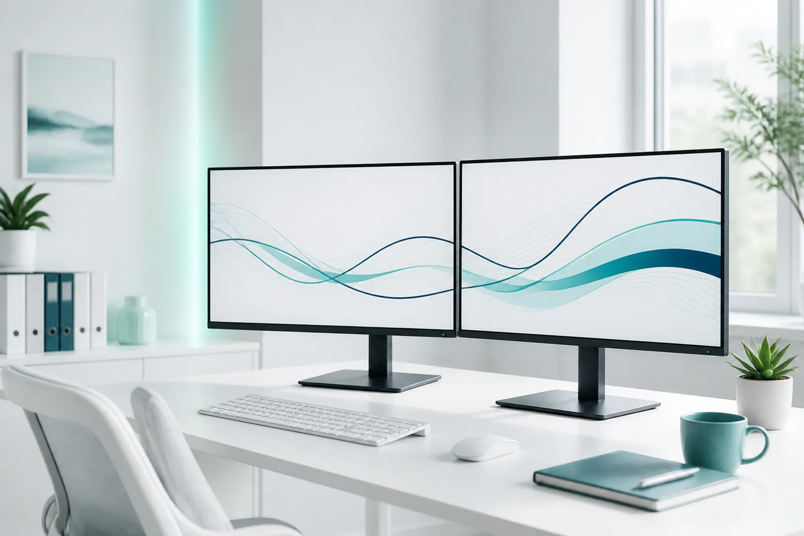 A bright finance desk with light-mode navy and teal market views.