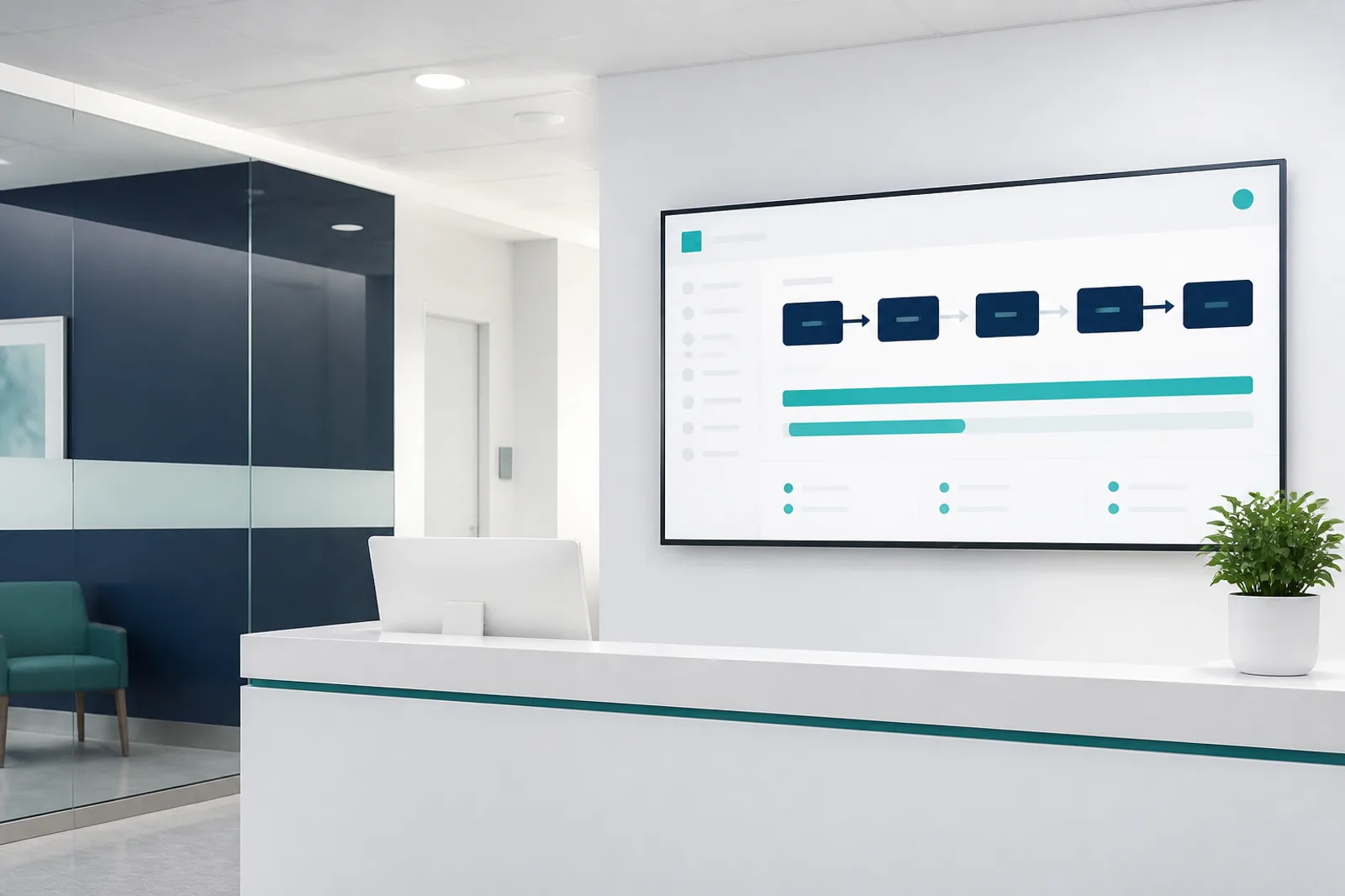 An empty clinic intake with a light-mode care workflow on the wall.