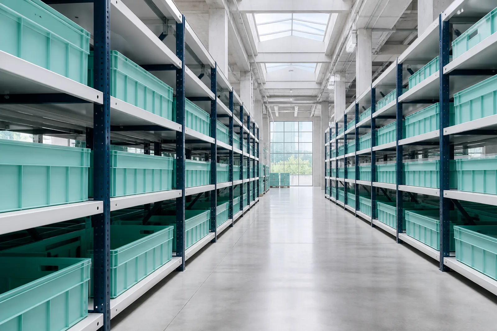 A bright warehouse aisle with navy racking and mint-teal totes.