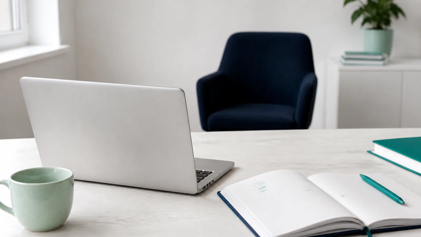 A bright studio desk with a closed laptop, mint cup, and navy notebook — ready for product work.