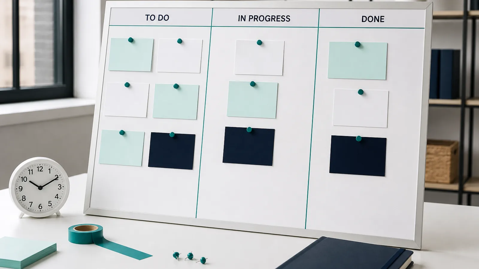 A physical kanban board with mint, white, and navy cards on a bright desk.