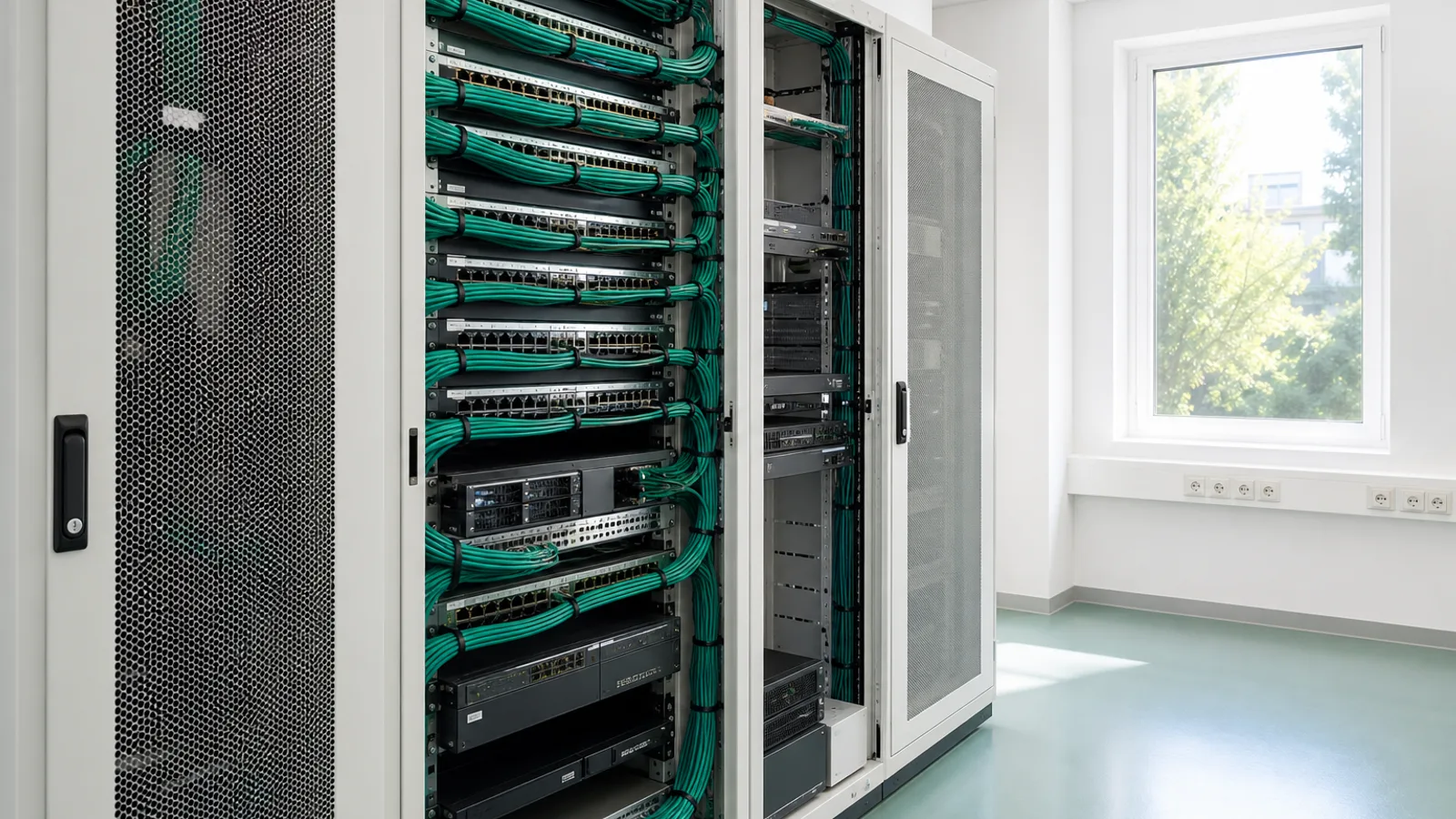 A daylight server closet with white racks and neatly bundled teal cables.