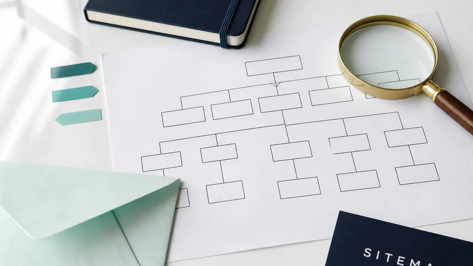 A printed sitemap, magnifying glass, and navy notebook on a white planning desk.