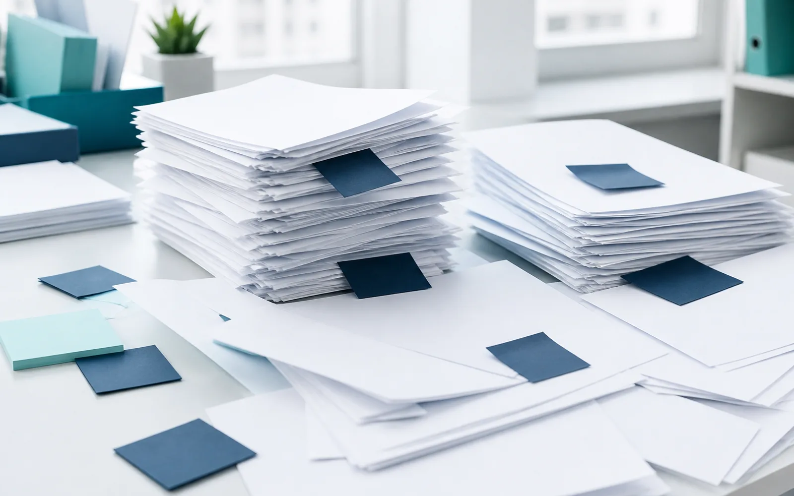 Unlabeled paper stacks on a pale desk — repetitive work before software.