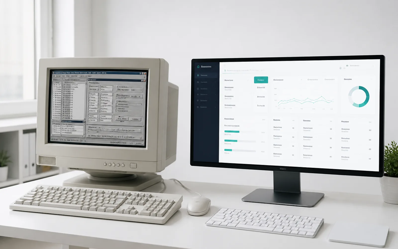 An old cramped interface beside a clean light-mode product view.