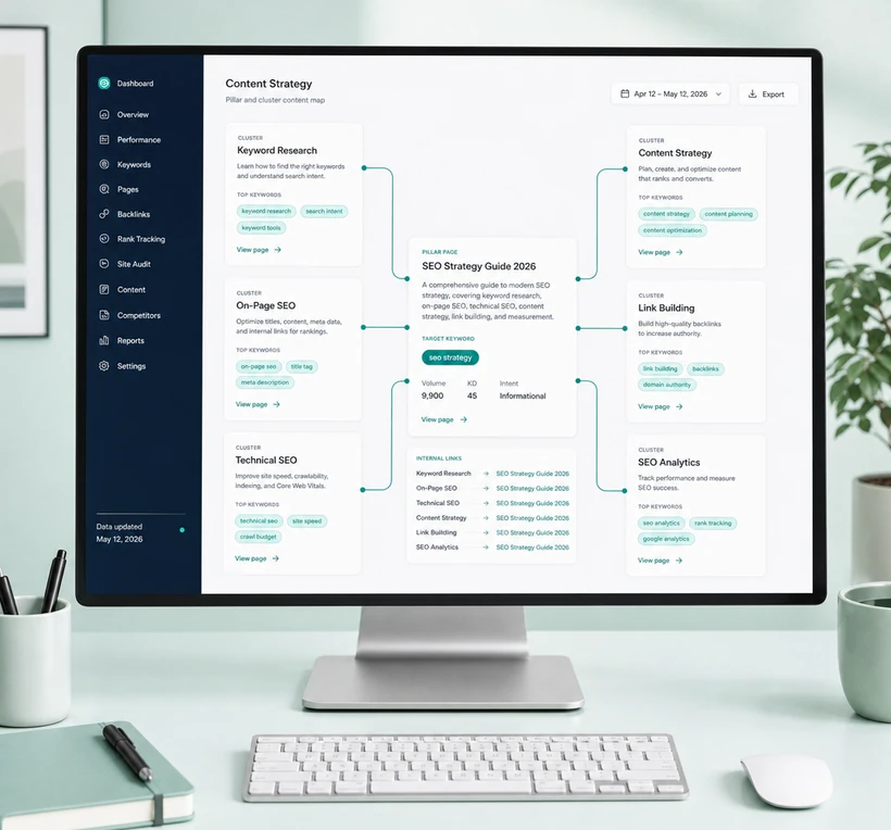 Content and keyword strategy with pillar pages, clusters, and internal linking.