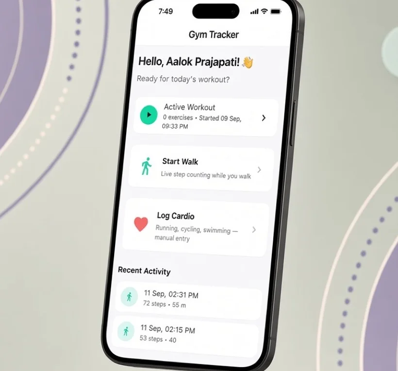 Gym Tracker Flutter app on iPhone — home for workouts, walks, and cardio.