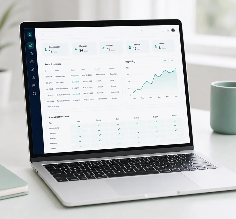 Internal management system — dashboards for data, reporting, roles, and access.