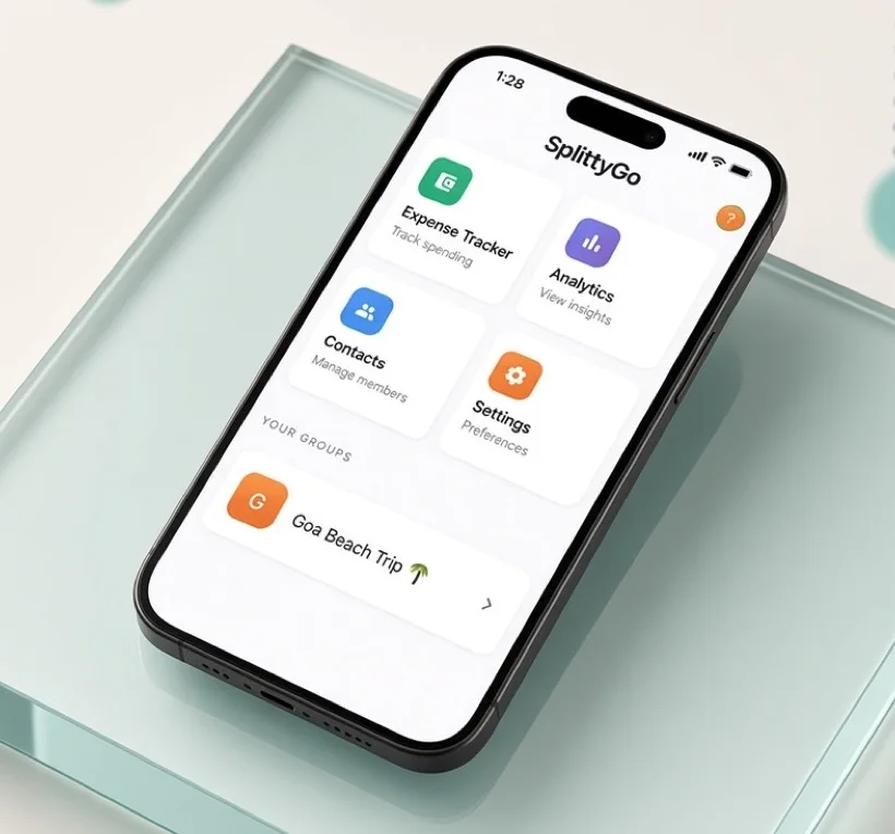 SplittyGo Flutter app on iPhone — home tiles for expenses, analytics, contacts, and groups.