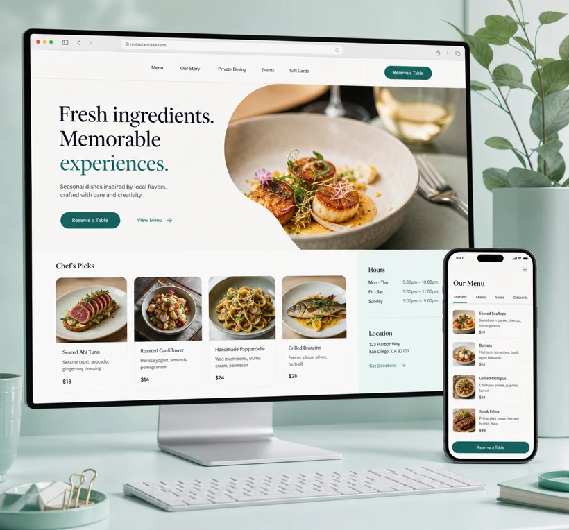 Tasty Indian Canada website — responsive menus on desktop and phone.