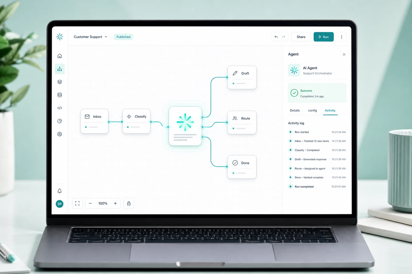 A light-mode agent canvas: inbox, classify, draft, and route nodes joined by teal edges.