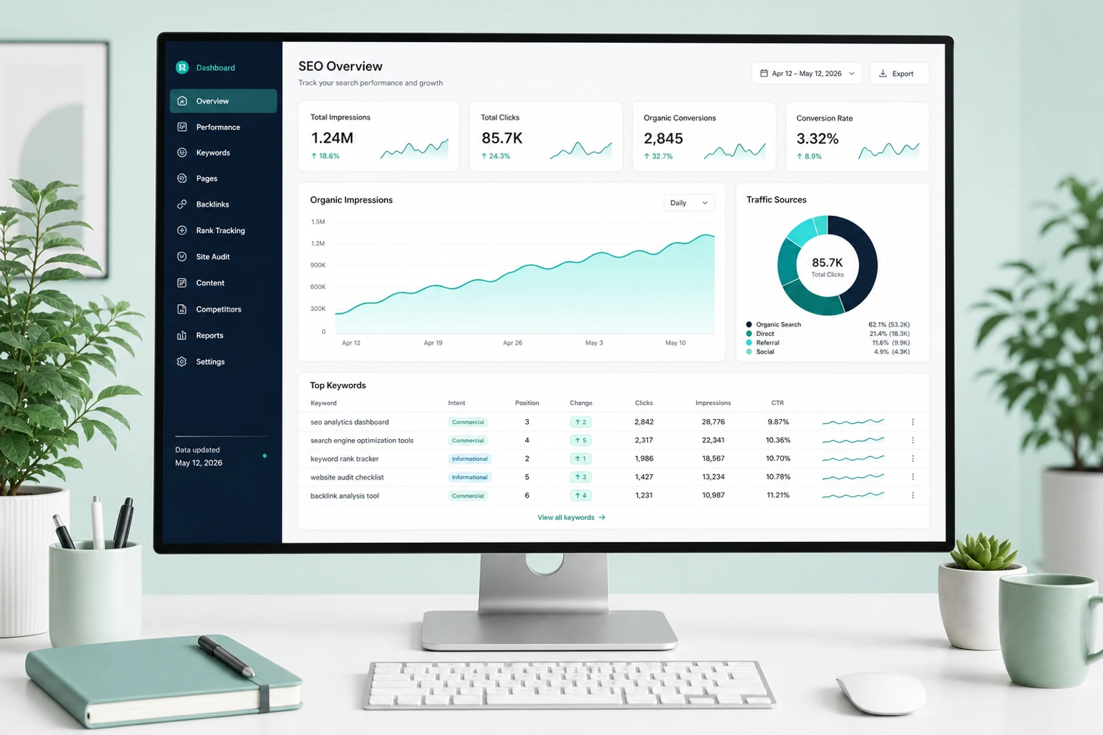 Search growth dashboard with teal ranking charts, keyword table, and traffic sources.