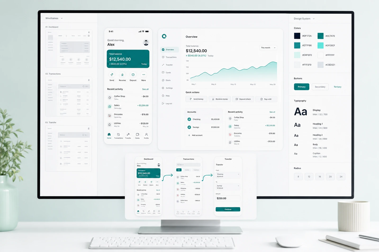 A design canvas: wireframes, hi-fi screens, and a navy-teal design system on a studio monitor.