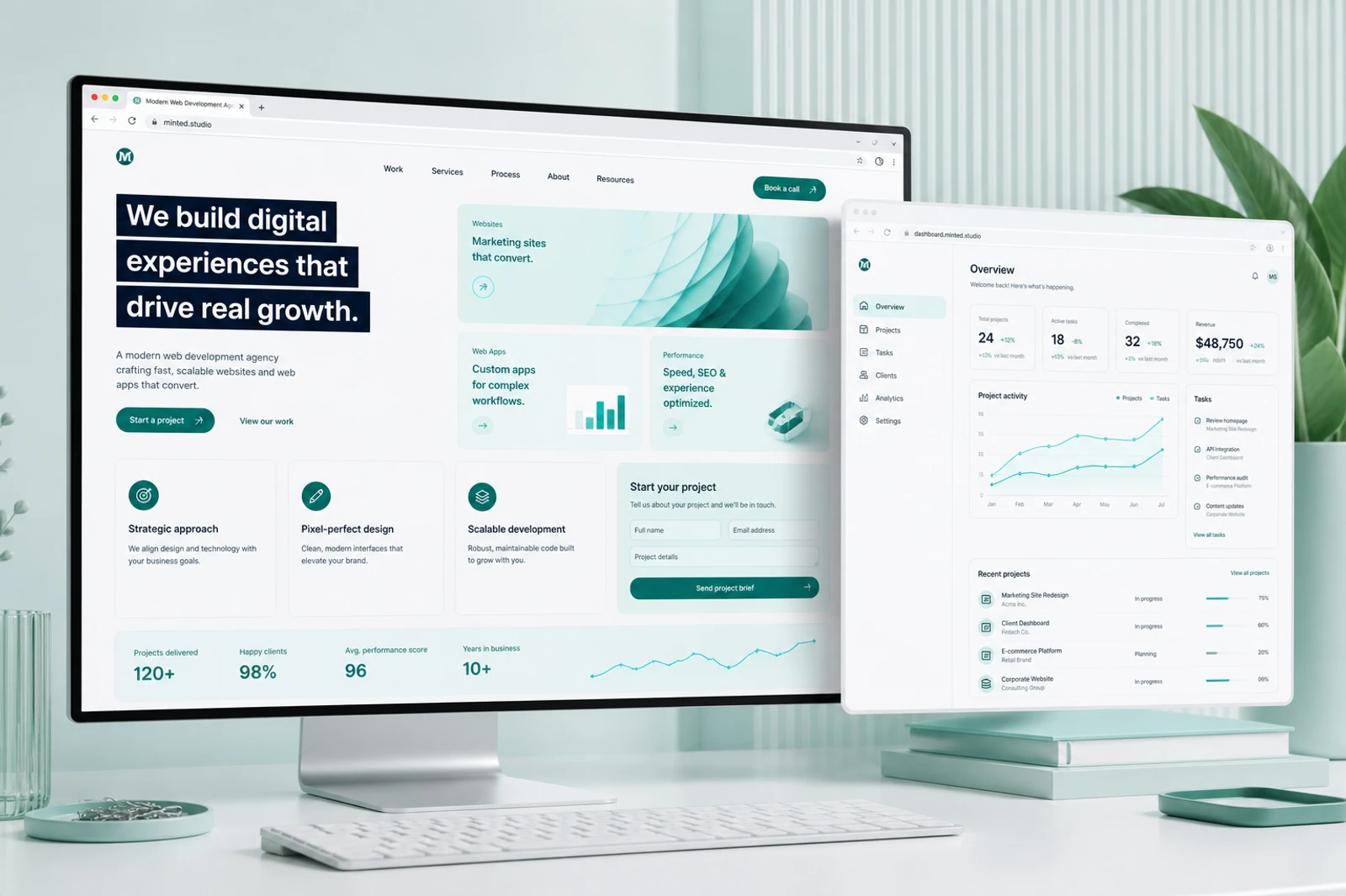 A marketing site and web-app dashboard on a studio monitor, mint bento cards and teal CTAs.